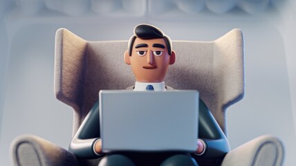 Poster - A stylized businessman sits in a comfortable chair, working on his laptop.