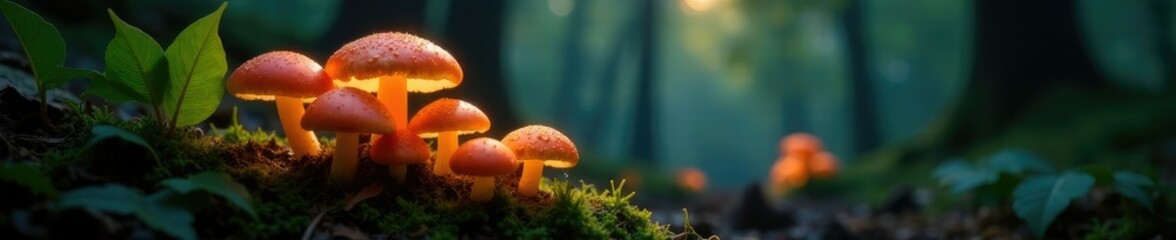 forest floor aglow with soft luminescent mushrooms, warm, ferns, ethereal