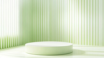 Wall Mural - A minimalist pale green display stand against a striped backdrop. Perfect for product showcases.