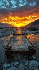 Poster - A once-mighty bridge now lies in ruins, reaching over cracked earth under a breathtaking sunset. Orange, red, and yellow hues paint the sky, illuminating the scenery