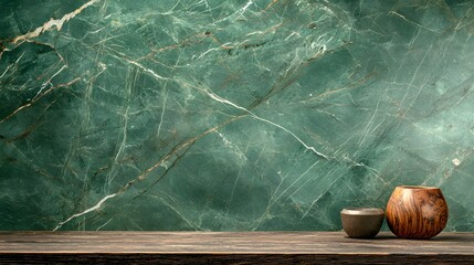 Poster - Elegant Green Marble Texture with Wooden Bowl Decor for Modern Minimalist Interior Design and Product Photography