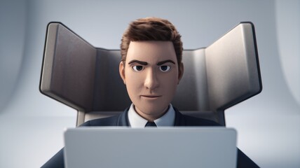 Aufkleber - A 3D animated businessman sits in a modern chair, working on a laptop.