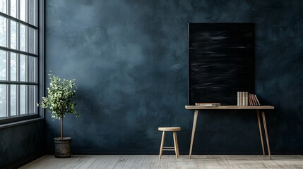 Poster - Cozy and Minimalist Home Office Interior with Wooden Desk Chair and Potted Plant Beside Large Window in Moody Lighting and Rustic Decor