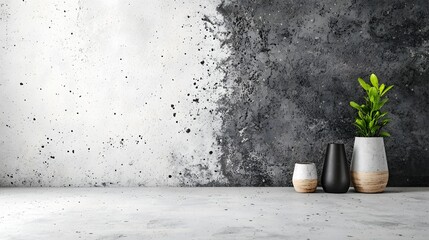 Poster - Minimalist concrete wall background with potted green plant and ceramic vase Simple and clean modern interior design concept for home office or studio space