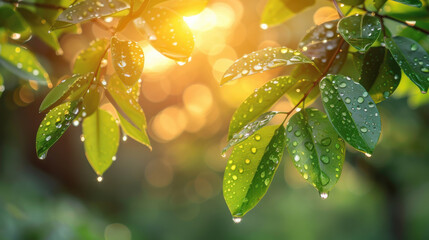 Wall Mural - refreshing close up shot of green leaves with water droplets glistening in sunlight, creating serene and vibrant atmosphere