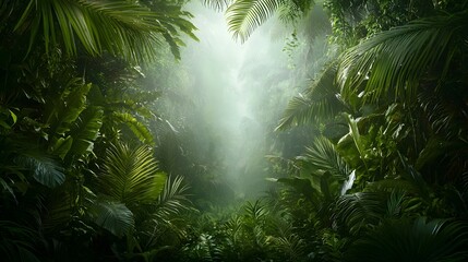 Poster - Lush verdant tropical jungle landscape with dense overgrown foliage plants and leaves  Atmospheric misty hazy lighting creates a serene enchanted mood inviting and discovery