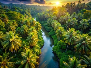 Wall Mural - Lush Jungle River Landscape: Aerial Drone View, Palm Trees, Tropical Paradise - Perfect for Interior Wall Mural Print