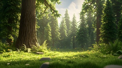 Poster - Peaceful and serene woodland landscape with towering trees and lush green foliage bathed in warm sunlight  Tranquil outdoor environment perfect for immersion in nature