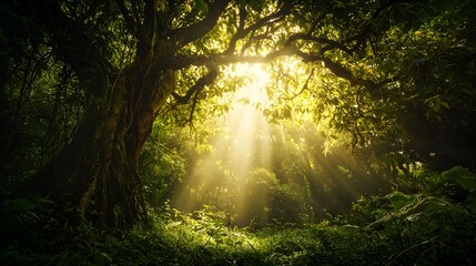 Poster - Breathtaking sunbeams filtering through the lush verdant canopy of a tranquil forest creating a captivating