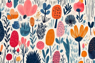 Poster - Whimsical floral pattern bursting with vibrant colors and playful textures, creating a captivating garden scene