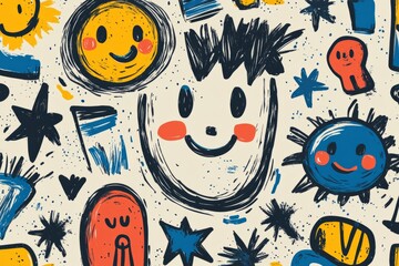 Poster - Seamless pattern featuring smiling faces, stars, and abstract shapes creating a playful and whimsical design