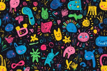 Poster - Childlike crayon drawing seamless pattern featuring various colorful cartoon characters and abstract shapes, creating a playful and vibrant design