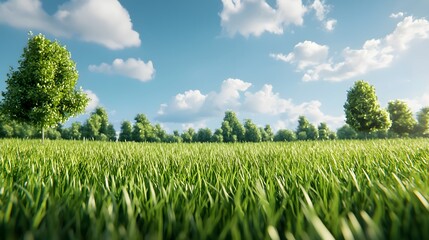 Poster - Lush green meadow stretching out under a clear blue sky with fluffy white clouds creating a serene and peaceful outdoor landscape scene