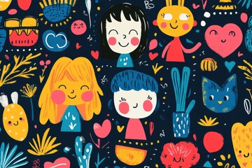 Poster - Happy kids and colorful plants create a cheerful and vibrant repeating pattern, ideal for children's products or playful designs