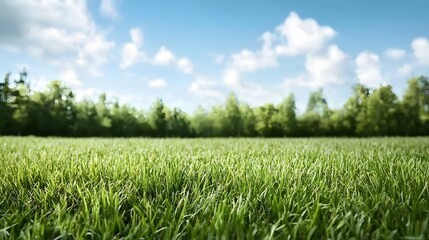 Poster - Expansive rural landscape with a lush verdant meadow carpeted in thick vibrant green grass under a bright blue sky dotted with fluffy white clouds in a peaceful serene countryside setting