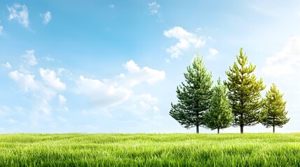 Poster - Tranquil and serene green meadow with tall pine trees standing in the foreground under a clear blue sky with fluffy white clouds  Scenic countryside landscape with a lush