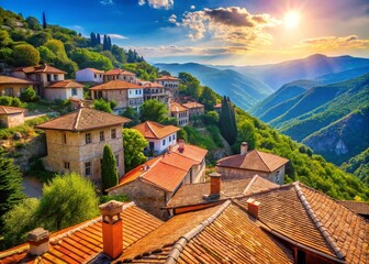 Wall Mural - Macedonian Mountain Village Rooftop View: Panoramic Landscape Photography