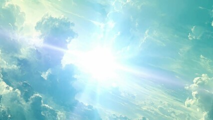 bright sun rays piercing through light teal and white clouds. a heavenly, hopeful atmosphere. high a