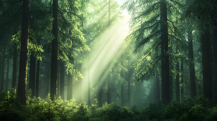 Poster - Ethereal sunlight filters through the enchanting evergreen forest casting a mystical glow upon the verdant foliage creating a serene and tranquil atmosphere that invites and wonder