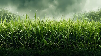 Poster - Lush verdant green meadow landscape with tall blades of grass growing in a picturesque rural countryside scene under a cloudy dramatic sky  This serene