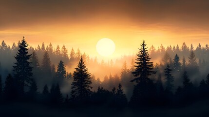 Poster - Breathtaking landscape of a misty golden hued sunset over a dense tranquil evergreen forest  The sun s warm rays filter through the tall pine and fir trees creating a serene and magical atmosphere