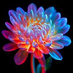 Poster - A stunning flower in vibrant colors glows against a dark background. The petals reflect light in shades of blue and red. This artistic representation is perfect for nature lovers. AI