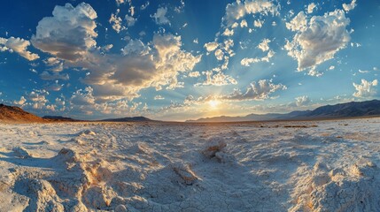 Aufkleber - Golden rays of sunlight stretch across a vast desert expanse, highlighting intricate patterns in the cracked earth. Fluffy clouds scatter above a rugged horizon as twilight approaches