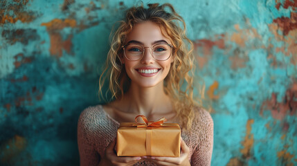 Young woman smiles while holding a gift against a colorful background in a bright indoor setting