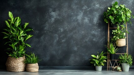 Poster - Lush indoor greenery decor with a variety of potted plants herbs and foliage displayed on wooden shelves against a dark textured wall  Cozy and modern minimalist style arrangement for a relaxing