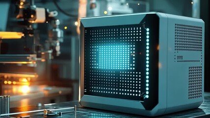 Poster - an edge computing box housing intricate circuit boards positioned beside machining tools on a workbe