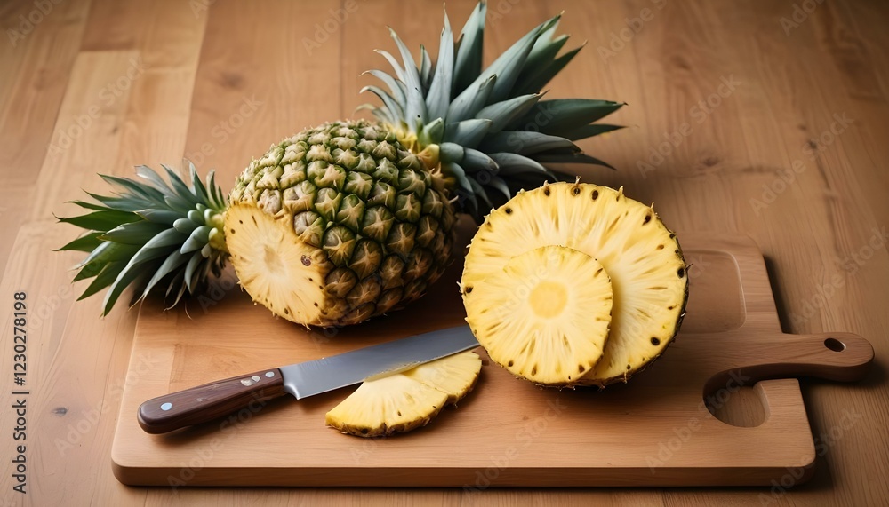 Piña en rodajas sobre una tabla de madera, con una piña entera y un ...