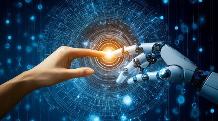 Poster - In a moment of unity, a human hand reaches out to touch a robotic hand, symbolizing the convergence of technology and humanity in a vibrant digital world