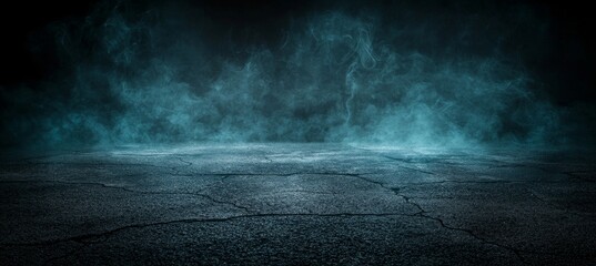Poster - A blank dark abstract cement wall within a studio setting, with smoke swirling to create an interior texture, suitable as a background for displaying products