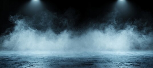 Poster - An empty dark abstract cement wall in a studio room featuring floating smoke to form an interior texture ideal for product display