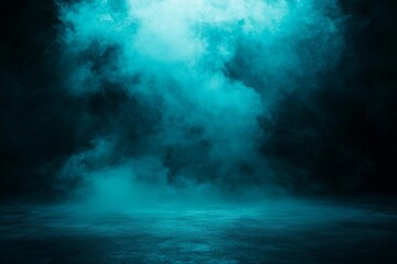 Poster - In a dark studio, spotlights illuminate a room shrouded in mist over a concrete floor, with a black background