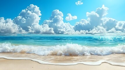 Wall Mural - Breathtaking seascape of turquoise waves crashing against a pristine sandy beach with a panoramic view of the endless azure sky dotted with fluffy white clouds