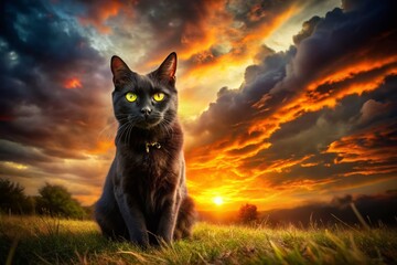 Wall Mural - Majestic Black Cat Silhouetted Against a Vibrant Sunset Sky