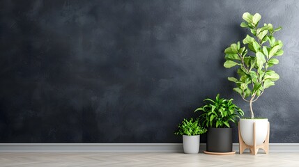 Poster - stylish and modern monstera deliciosa houseplant in a minimalist ceramic pot displayed on a wooden d