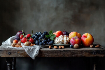 Wall Mural - A table is covered with a variety of fruits and nuts, including apples