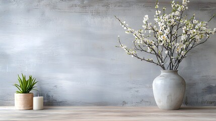 Poster - Elegant and minimalist floral arrangement showcasing a ceramic vase filled with delicate white flowers and green leaves placed on a wooden shelf against a simple gray background