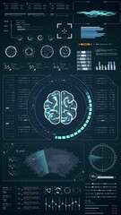 Poster - Motion graphic of Blue digital brain with head up display (HUD UI) and futuristic technology abstract background with ai machine learning vertical video concepts 