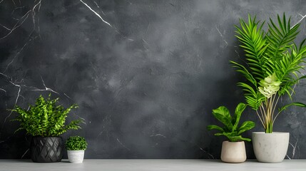 Poster - Elegant minimalist arrangement of various potted plants and greenery in modern ceramic pots or vases displayed against a dark moody background  Serene natural