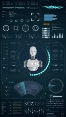 Poster - Motion graphic of Blue digital robot head with head up display (HUD UI) and futuristic technology abstract background artificial intelligence and assistant machine learning vertical video concepts