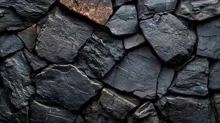Poster - Closeup detailed view of a textured dark rock wall with a rugged natural stone pattern and grungy geological landscape background  Vintage industrial or rustic grunge surface texture with aged
