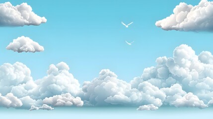 Poster - Fluffy white cumulus clouds drifting lazily across a vast serene blue sky in a peaceful tranquil natural landscape  Ethereal heavenly cloudscape with a minimalist conceptual feel creating a calming