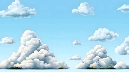 Poster - Fluffy white clouds gently drifting and billowing in the serene azure blue sky on a calm picturesque and tranquil day  The pastoral rural landscape creates a peaceful ethereal and dreamy atmosphere