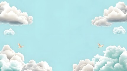 Poster - Serene sky with fluffy white clouds floating and drifting in a peaceful ethereal landscape backdrop  Calming minimalist natural scenery with a simple meditative atmosphere