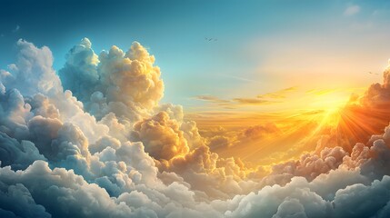 Poster - Dramatic and majestic sunset sky with glowing billowing clouds and vibrant golden sunbeams piercing through the atmosphere  A serene and peaceful natural landscape with a heavenly ethereal