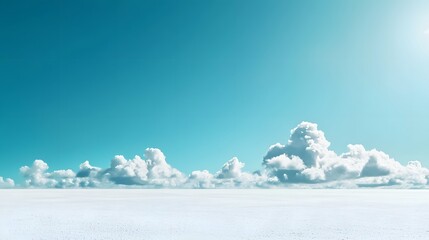 Poster - Breathtaking panoramic view of a dramatic skyscape with fluffy white clouds floating in a bright clear blue sky  The serene peaceful scene evokes a sense of calm and wonder  This minimalist