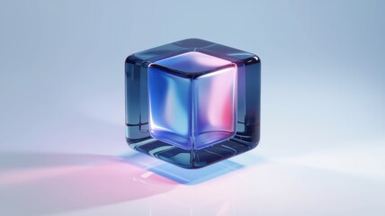 Poster - A translucent cube, glowing with vibrant blue and pink light, sits on a reflective surface.